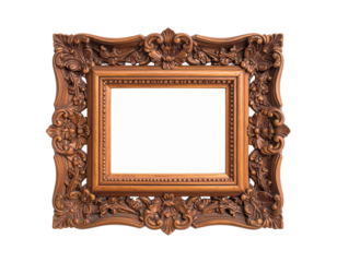 Intricately carved wooden picture frame, featuring an ornate design with floral and scrollwork details, set against a solid black background to emphasize the delicate craftsmanship and rich brown...