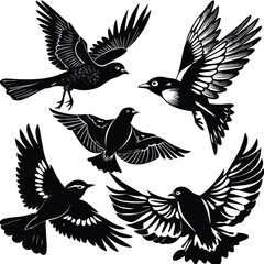Diverse bird silhouettes in flight vector illustration scalable eps icon set isolated on white background