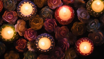 Diwali candles and flowers at night rotating overhead