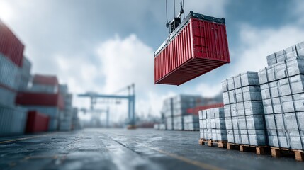 Industrial Crane Lifting Red Container in Shipping Yard with Stacked Pallets Under Blue Sky