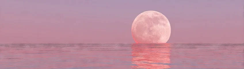 Tableau sur plexiglas Réflexion A serene, pastel-hued landscape displays a large, full moon reflected in calm waters, bathed in a soft, pinkish sunrise or sunset.  © Mari
