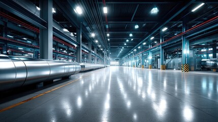 Industrial Factory Interior with Silver Pipes and Dark Background Cinematic HDR