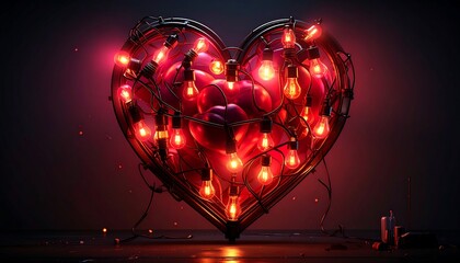 Heart-shaped cage filled with glowing lights and red orbs