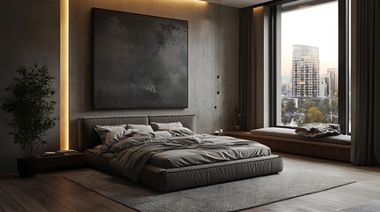 Moody Gray Bedroom with City View, Platform Bed, Large Artwork, and Minimalist Lighting Design