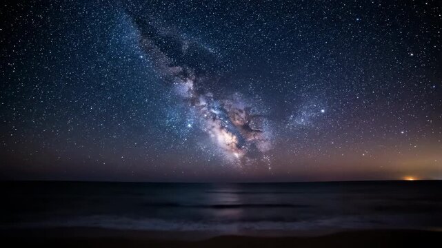 Astounding night sky timelapse showcasing countless stars rotating above a dark, vast ocean, revealing the Earth's majestic cosmic dance space, stars, Earth's majestic cosmic dance