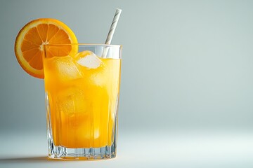Fototapeta premium Refreshing Orange Juice in Glass with Ice, Straw, and Orange Slice Garnish