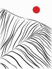 Geometric striped mountains. Sumi-e style. Ink landscape with red sun