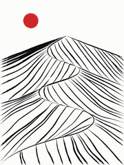 Ink landscape with red sun. Geometric striped mountains. Sumi-e style