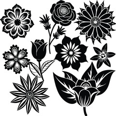 Decorative vector flower silhouettes collection for design projects isolated on white background