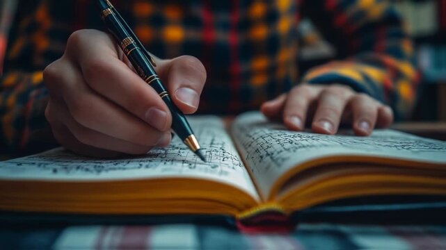 Close-up of a person's hand writing in an open notebook, filled with intricate sketches or notes.