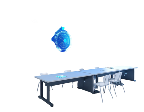 Modern conference room with long rectangular tables and white chairs, illuminated by a digital holographic display with a futuristic, circular, blue-colored graphic, against a vast black background...