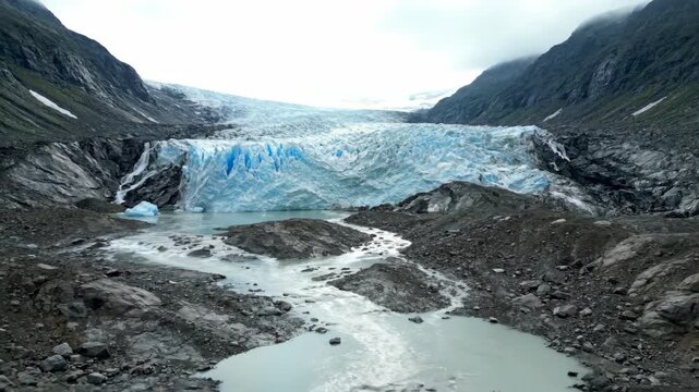 Ancient glacier ice slowly melts and retreats, revealing the raw power of nature's transformation in a dramatic environmental timelapse future, arctic, timelapse