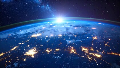 Stunning view of planet Earth, illuminated by a rising sun, showcasing city lights and starry space backdrop
