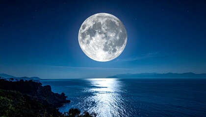 Fototapeta premium Full moon over tranquil coastline at night