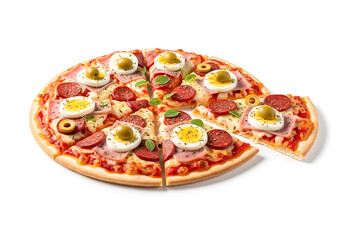 Pizza Feast: A delectable slice of pizza, adorned with vibrant toppings, offering a tantalizing view. This culinary masterpiece features a delicious harmony of flavors and textures.