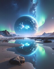 Futurystyczna ilustracja przestawiająca planetę z niebieską poświatą widoczną z innej planety