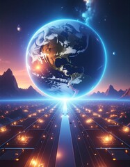 Futurystyczna ilustracja przestawiająca planetę z niebieską poświatą widoczną z innej planety