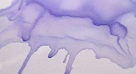 A macro close-up of a diluted, bleeding purple watercolor or alcohol ink stain on textured white paper, with the color dripping and spreading at the edges. Generative AI.