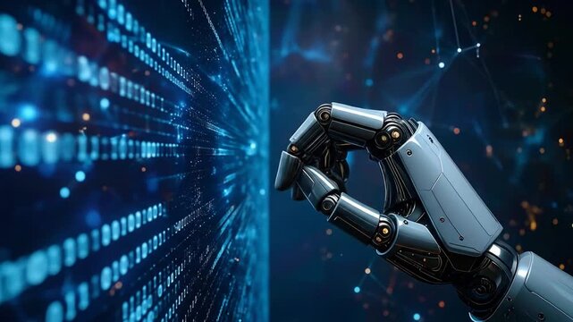 Robotic Hand Interacting with Futuristic Digital Interface and Data Stream