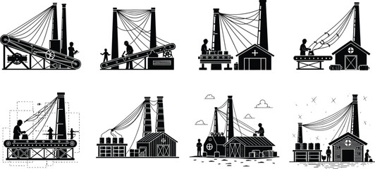 Step by step building construction process, workers and machinery illustration, black and white vector, church architecture development, cad drawing flat vector illustration