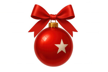 Red christmas ornament with ribbon bow and star, celebrating holiday season, transparent background