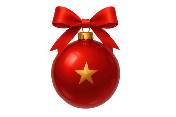 Red christmas ornament with golden star and festive ribbon bow on a transparent background, celebrating holiday season