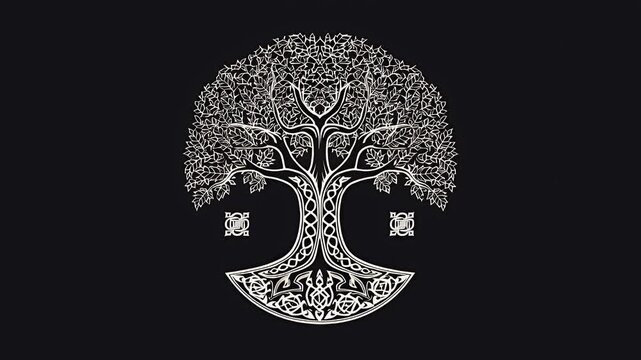Intricately Detailed Silver Norse Yggdrasil Tree of Life Symbol Against a Dark Black Background