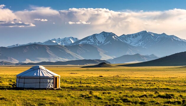 Mongolian yurt in a vast valley with snow-capped mountains