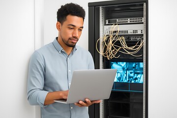 Network administrator performing system diagnostics beside server rack with laptop, highlighting IT infrastructure, Ethernet cabling, and technical operations in a secure data center environment