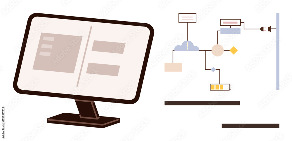 Wall mural computer monitor with interface next to flowchart depicting process automation and progress tracking
