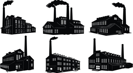 Fototapeta premium Industrial factory silhouette, manufacturing plant, production facility, heavy industry, smokestacks, machinery, refinery, workers, construction, power station, cad drawing flat vector illustration
