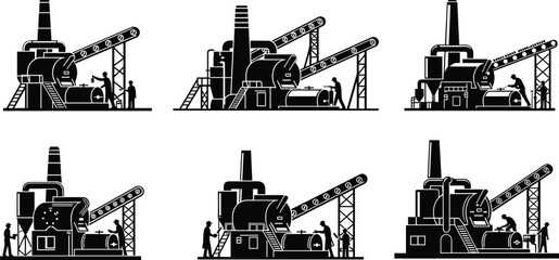 Obraz premium Industrial machinery setup illustration, black and white vector, conveyor belt system with workers, factory processing plant design, cad drawing flat vector illustration