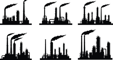 Obraz premium Industrial factory silhouettes, refinery plant icons, smokestack pollution vector, energy production illustration, manufacturing infrastructure, black flat CAD drawing, urban industry design