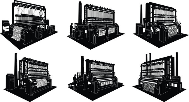 Industrial textile weaving machines, automated loom silhouettes, fabric production vector, yarn spool illustration, manufacturing process icons, black CAD drawing flat industry design