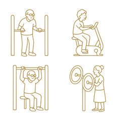 Seniors exercising at outdoor gym with equipment for fitness  