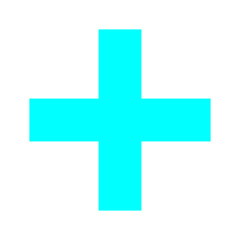 Plus icon on isolated background. Cyan blue cross, plus symbol.