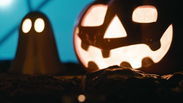 Animated Halloween pumpkin moves fearfully on the ground