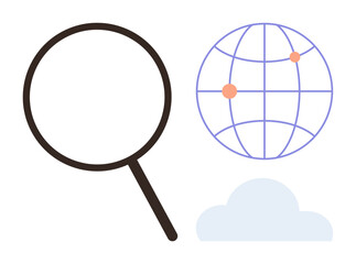 Magnifying glass near a globe with marked points and a cloud. Ideal for research, global communication, data analysis, exploration, science, technology, online learning, simple flat metaphor
