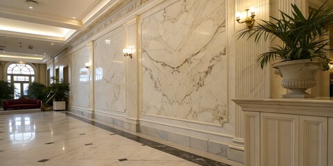 Elegant marble hallway with ornate wall decor and potted plant