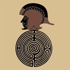Head of Ancient Greek hero on top of a round spiral maze or labyrinth symbol. Theseus. Creative mythological concept.