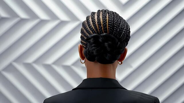 Elegant Braids: An evocative shot features a woman's braided hairstyle, highlighting the intricate patterns and artistry in a modern and clean composition.
