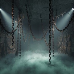 Dark basement with rusty chains and thick fog obscuring the results of mysterious experiments. An atmospheric setting for horror, fantasy, and games. Dramatic lighting