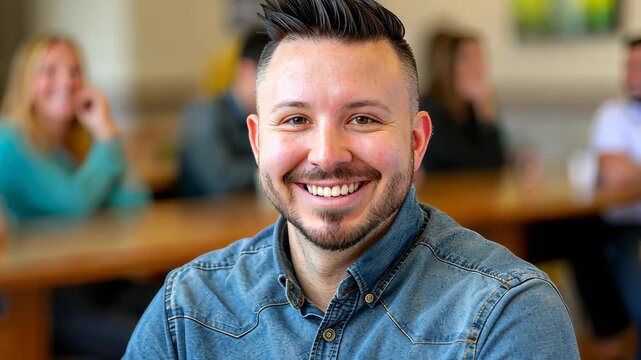 Smiling Man: Capturing a genuine moment of happiness and confidence, a friendly individual beams directly at the camera, radiating approachability and warmth.