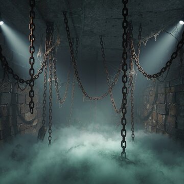 Dark basement with rusty chains and thick fog obscuring the results of mysterious experiments. An atmospheric setting for horror, fantasy, and games. Dramatic lighting