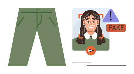 Fototapeta premium Green pants beside a facial recognition system flagging a manipulated video with fake warning. Ideal for deepfake detection, AI ethics, fake news, cybersecurity, fraud prevention, identity