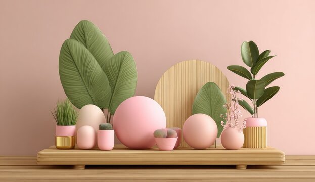 A wooden platform displays a collection of pastel pink spheres, potted plants, and decorative elements against a soft pink backdrop.