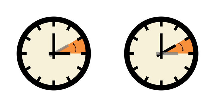 Flat illustration of a clock showing daylight saving time change, highlighting spring forward and fall back hour adjustment. Ideal for seasonal time change, reminders, and time management concepts