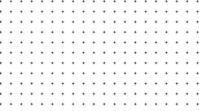 Black plus pattern symbols seamless loop animation moving diagonally from bottom right to top left on white background. 4K animated background looping for motion graphics, editing, and presentation.