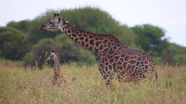 giraffe and her calf in a grassy savanna environment. Serengeti National Park in Tanzania.  popular wildlife tourism destination in Africa. 