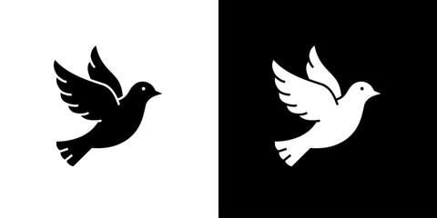 Obraz premium Flat vector illustration of simple black and white dove icon with spread wings, symbolizing peace, freedom, and hope.